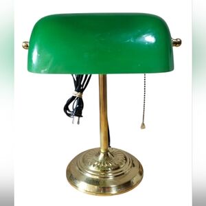 Vintage Bankers Desk Lamp Emerald Green Glass Shade Brass Base Pull Chain 13.5"
